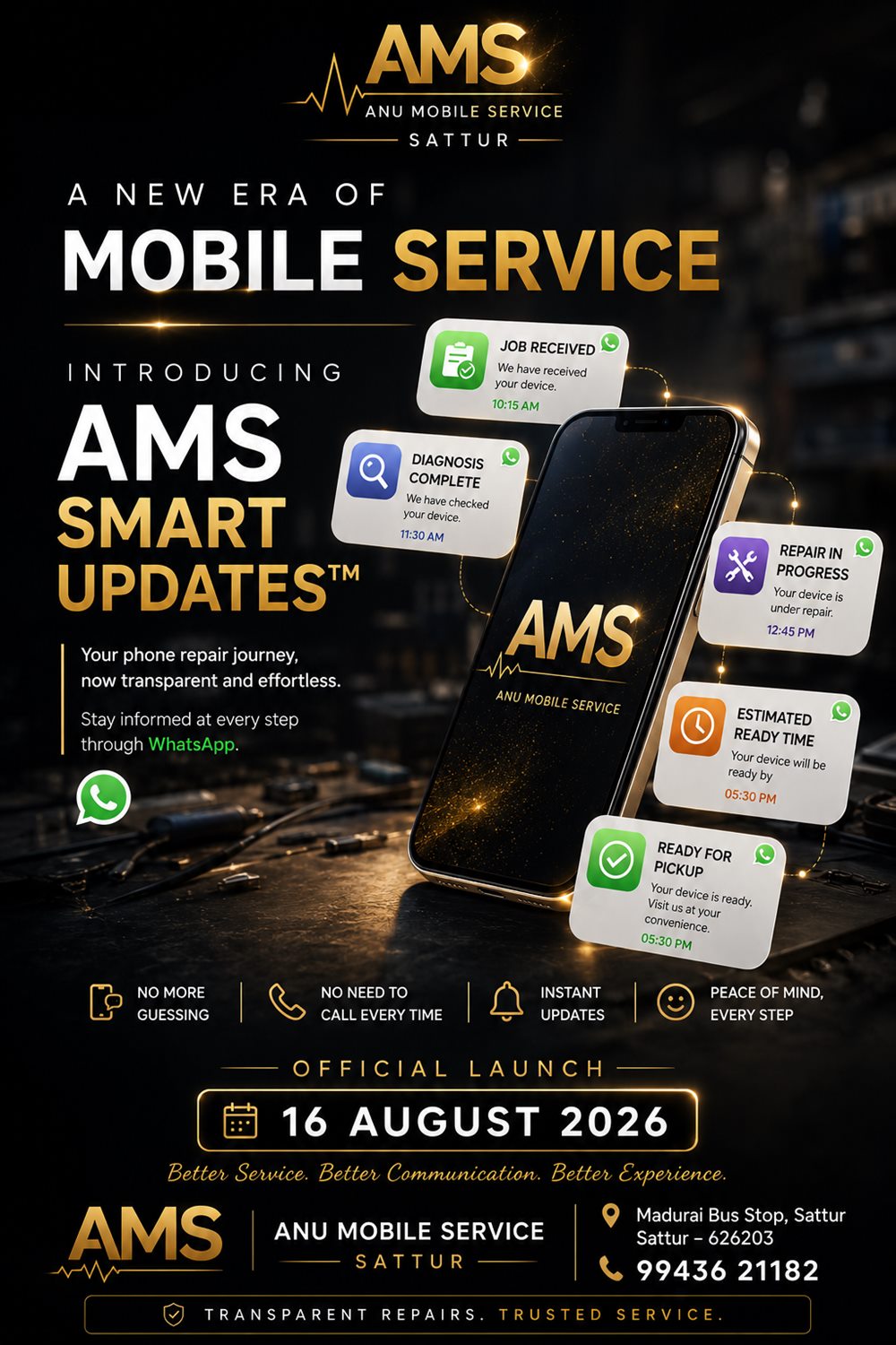 AMS Smart Updates — job received, diagnosis complete, repair in progress, estimated ready time, ready for pickup. Official launch 16 August 2026.